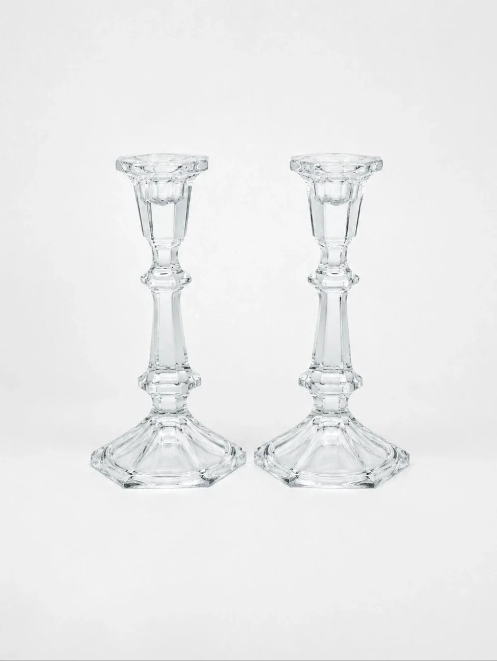 Vintage Clear Pressed Glass Candlesticks with a Hexagonal Base, Set of 2